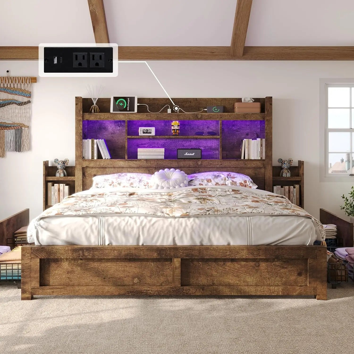 King Bed Frame, Bookcase, Headboard, 2 Bedside Storage Racks, Drawers