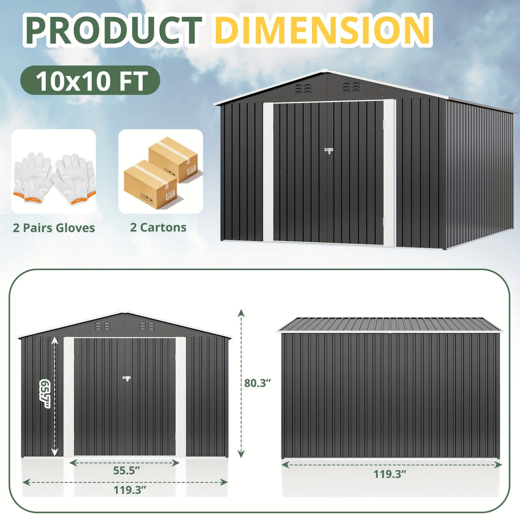 10x10~12x18FT Outdoor Metal Storage Shed