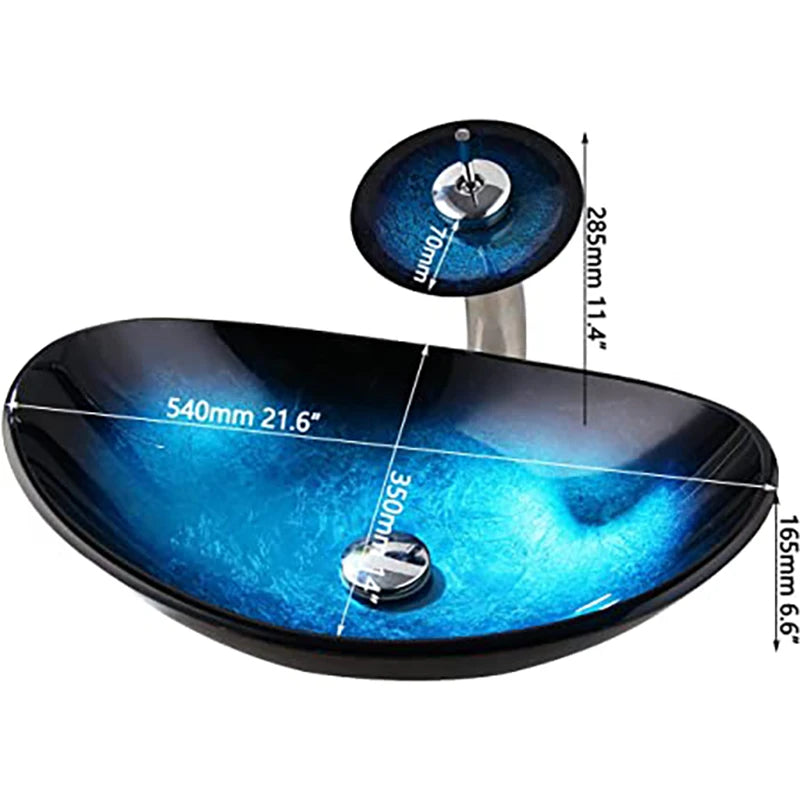 Oval Blue Bathroom Vessel Sink With Faucet