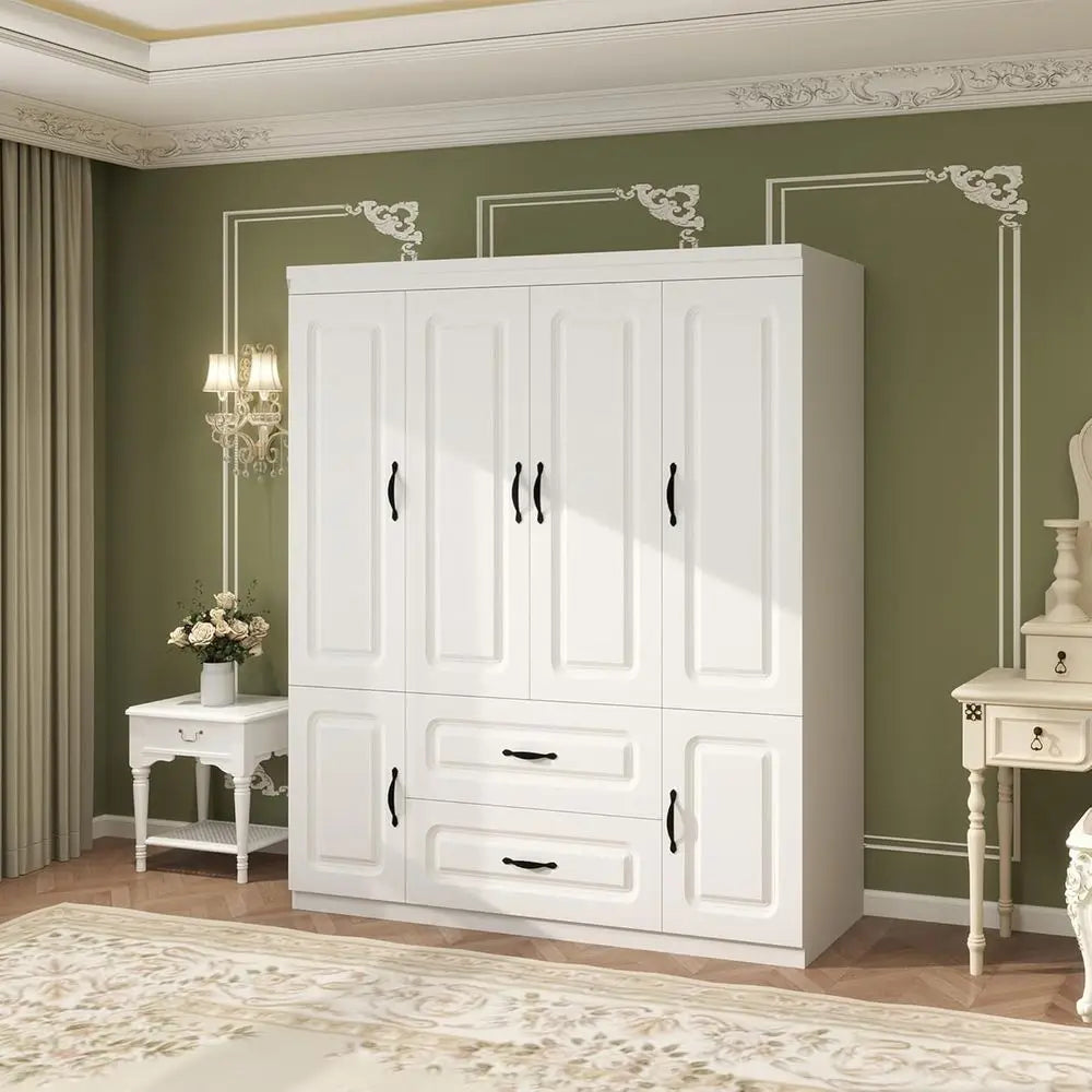 4-Door Wardrobe with 2 Drawers, Hanging Rails, Shelves