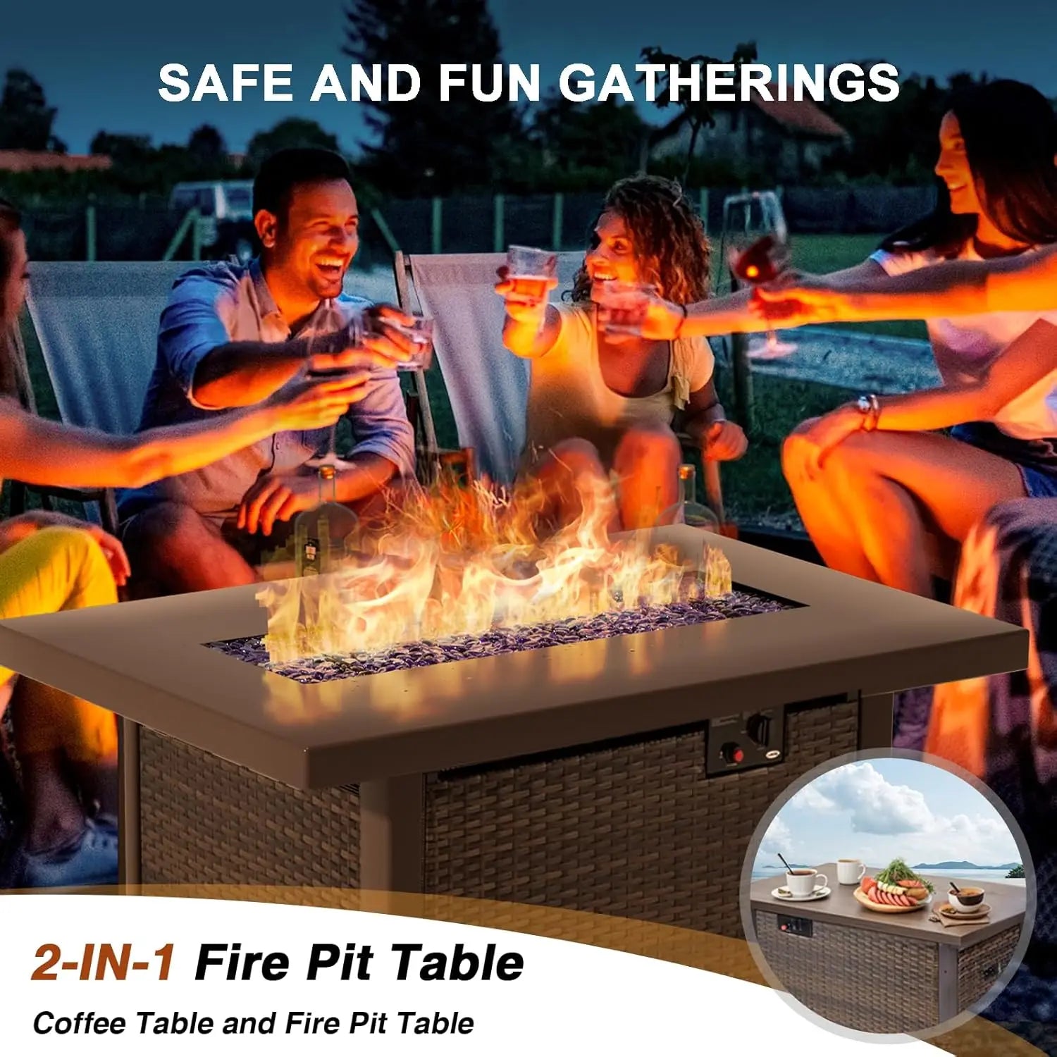 7-Pc. Patio Furniture Set Propane Firepit Table.