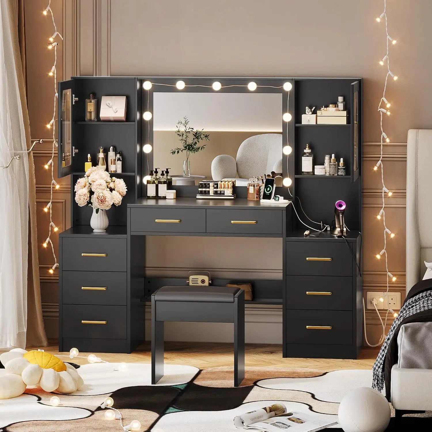 Black Vanity Desk with Mirror, Lights, Charging Station, 8 Drawers, 2 Cabinets