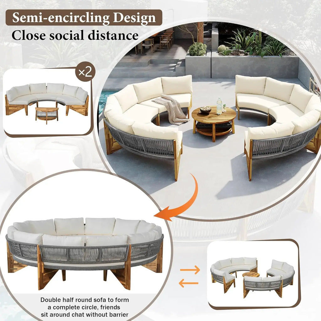 Wood Half-Moon Outdoor Sofa Set Coffee Table