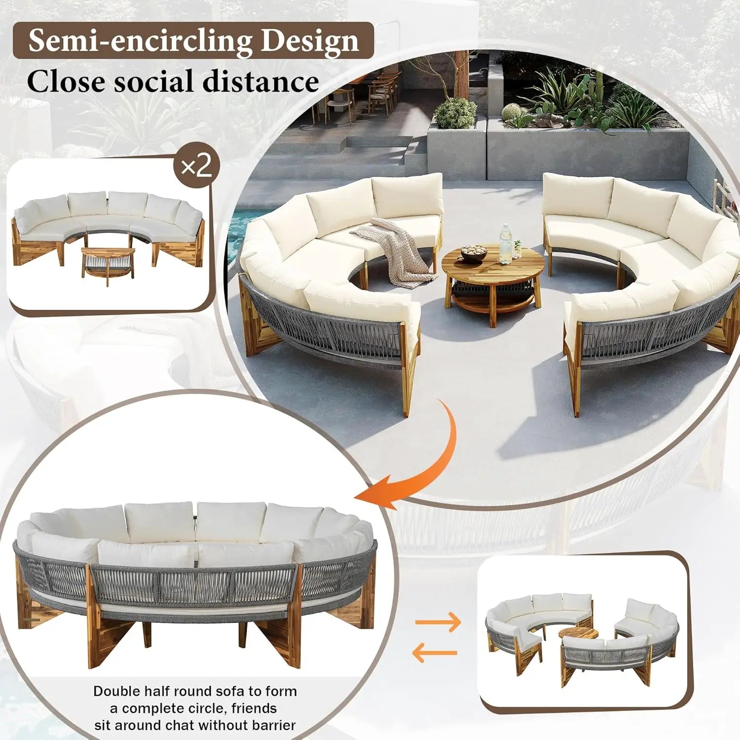 Wood Half-Moon Outdoor Sofa Set Coffee Table