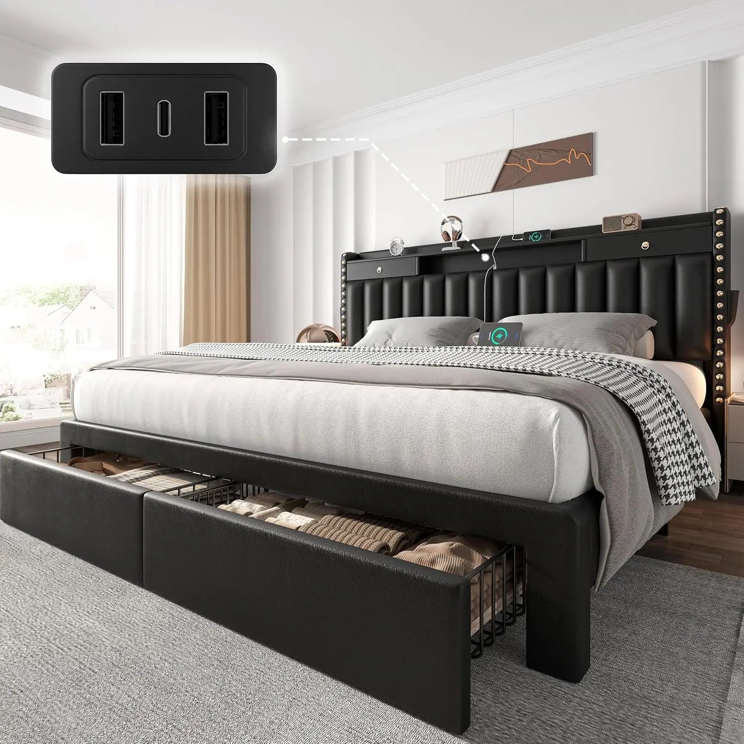 King Size Bed Frame with 4 Storage Drawers, USB Station