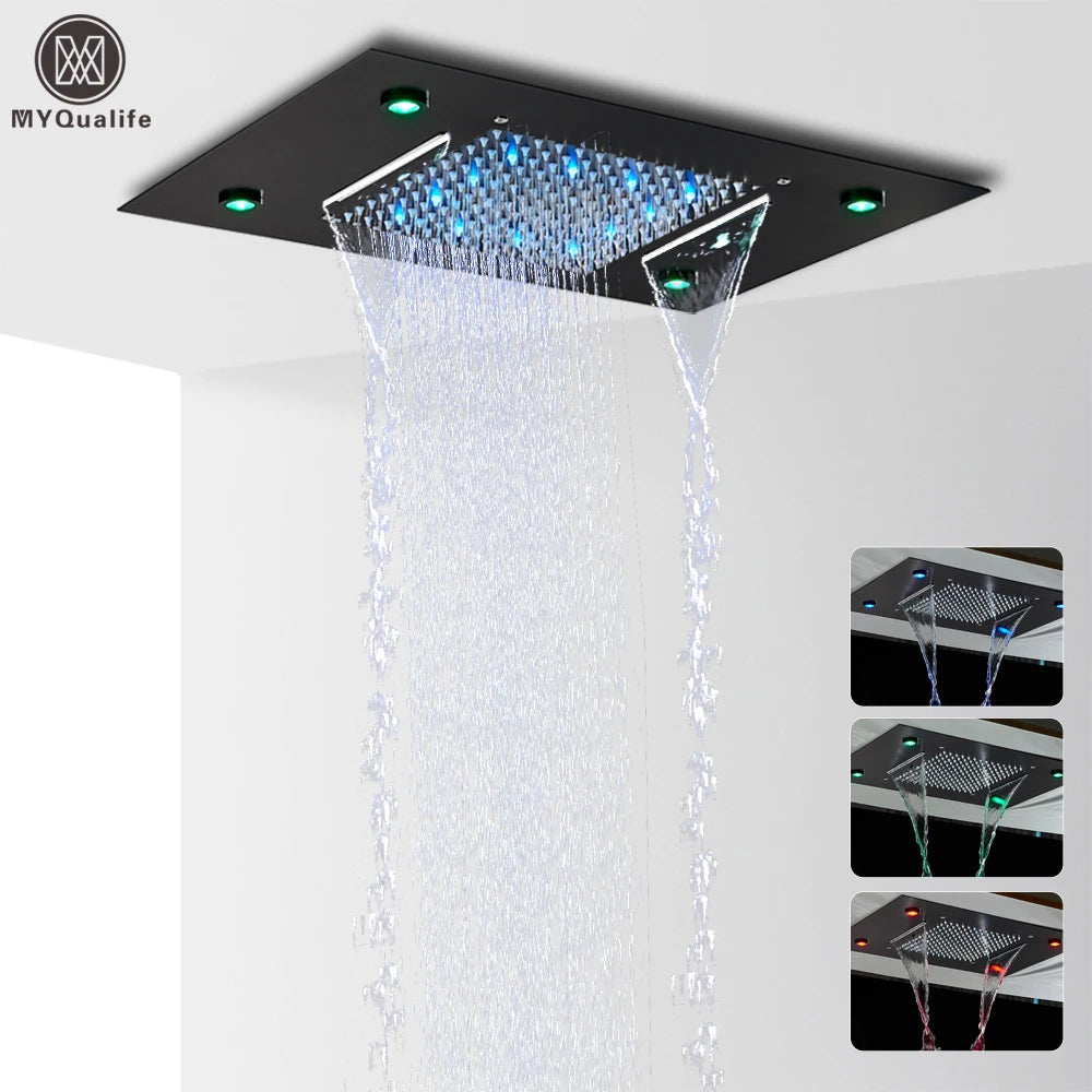 Black Rain Waterfall Shower Head Remote Control LED