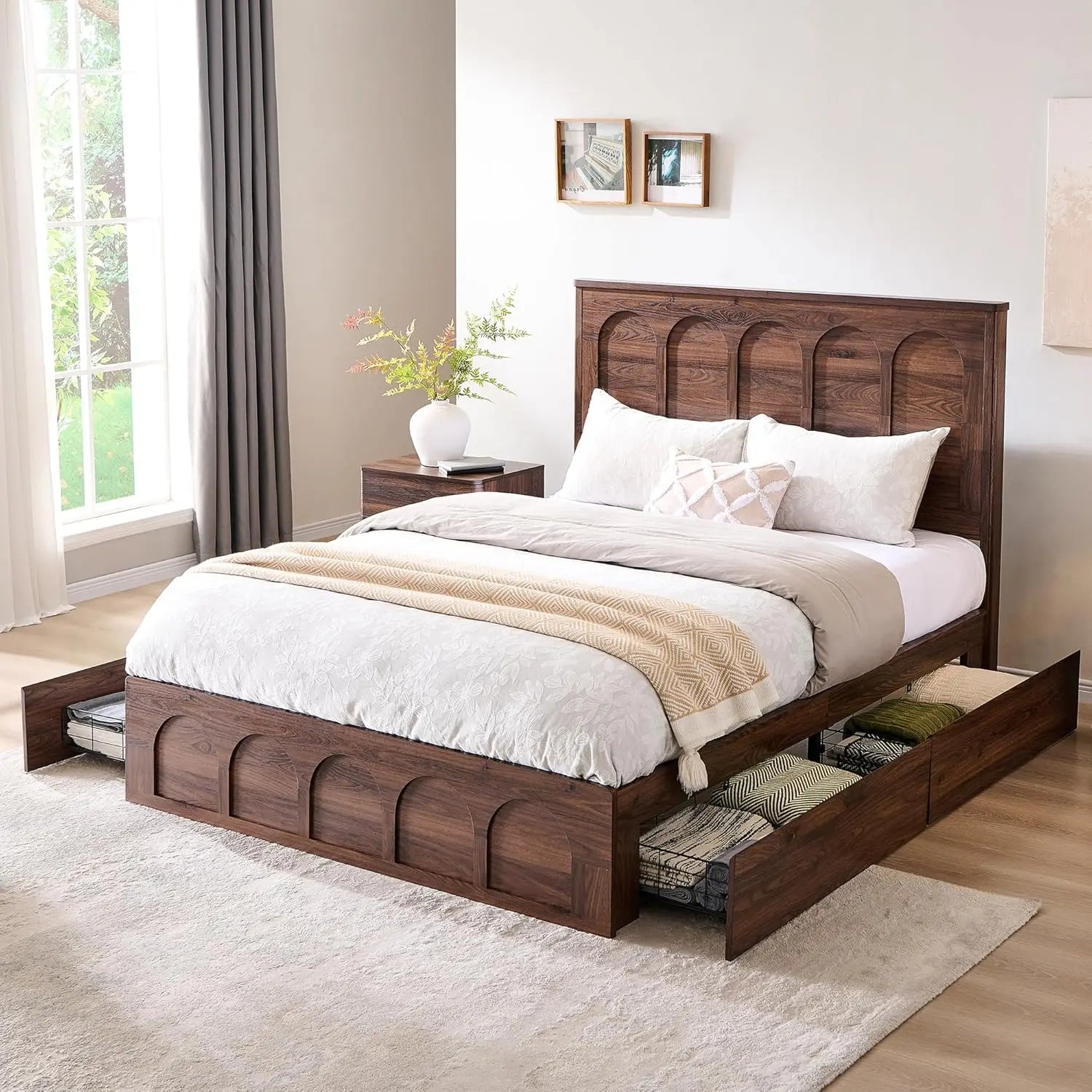 Queen Bed Frame with 4 Drawers Arched Headboard