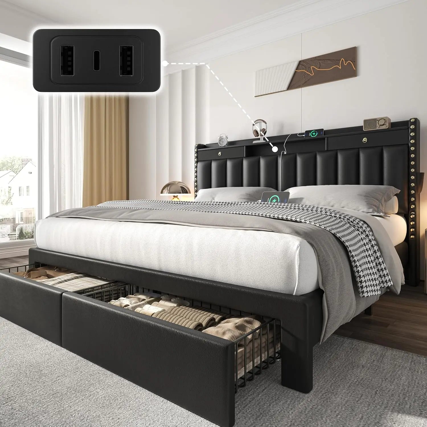 Queen Bed Frame with Headboard ＆ 4 Drawers