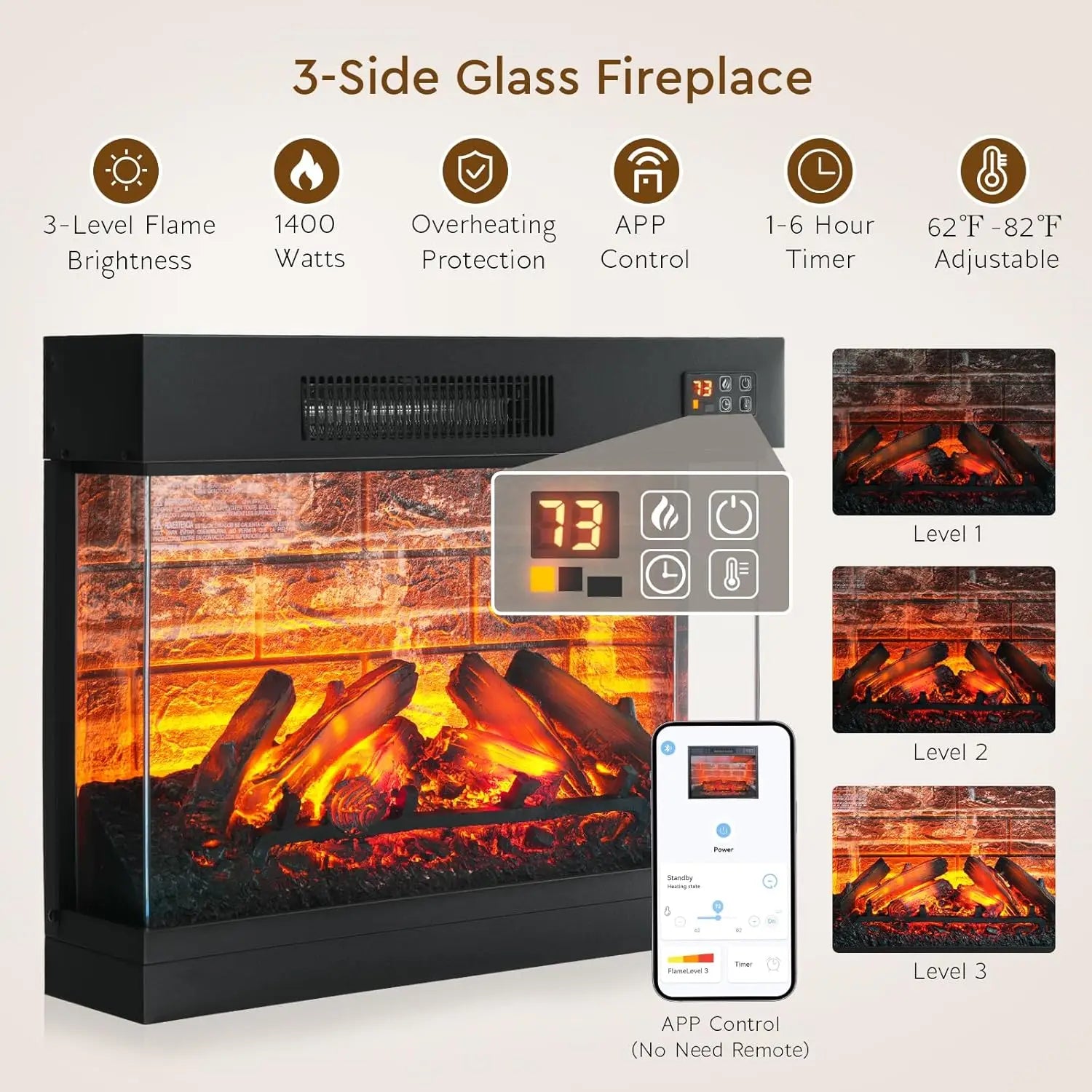 72'' Electric Fireplace Heater, TV LED Media Console