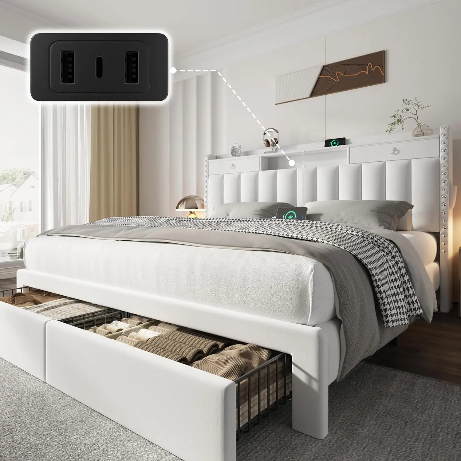 Queen Bed Frame with Headboard ＆ 4 Drawers