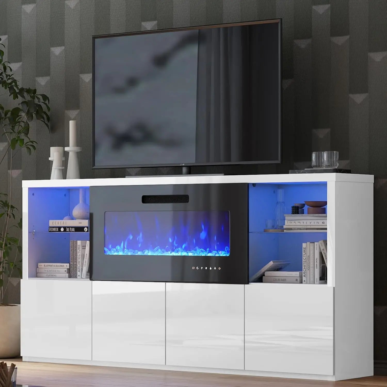 68" Fireplace TV Stand with 40" LED Insert, Glass Shelves