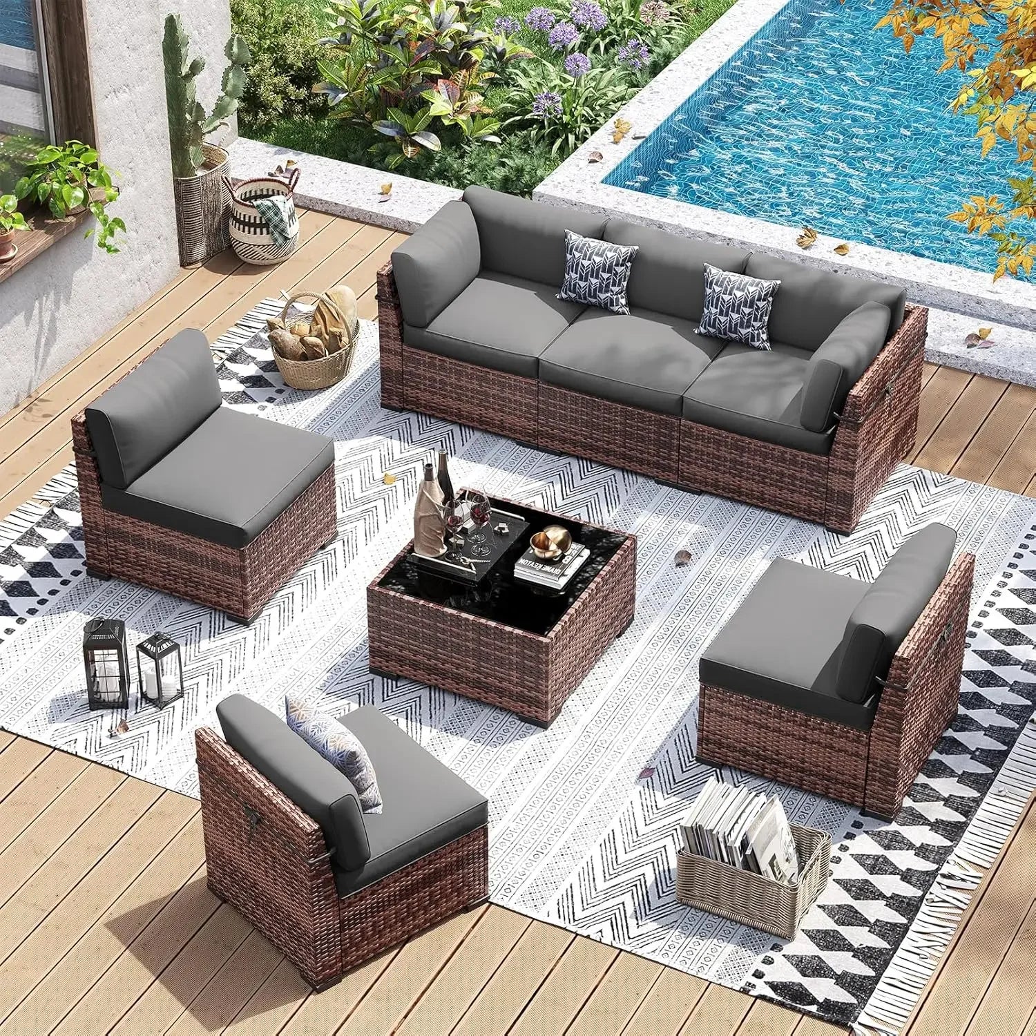 7 Pcs Wicker Sectional Sofa with Tea Table