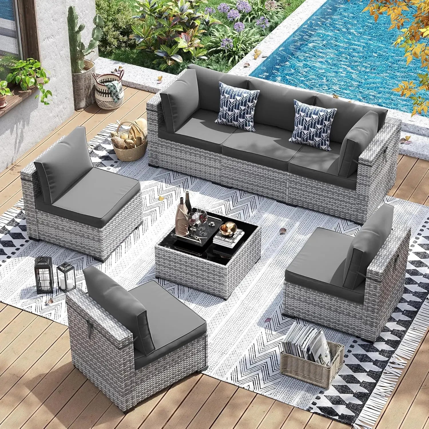 7 Pcs Wicker Sectional Sofa with Tea Table
