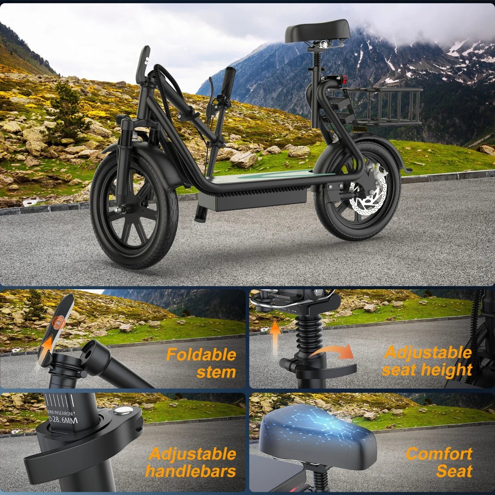 14‘’ Electric Scooter with Seat/Basket