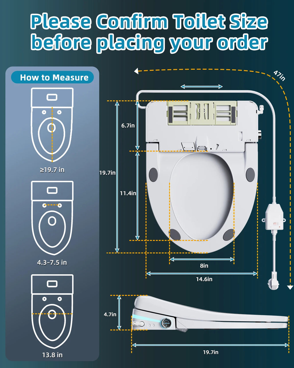 Elongated Smart Toilet Seat air dryer/light/remote control