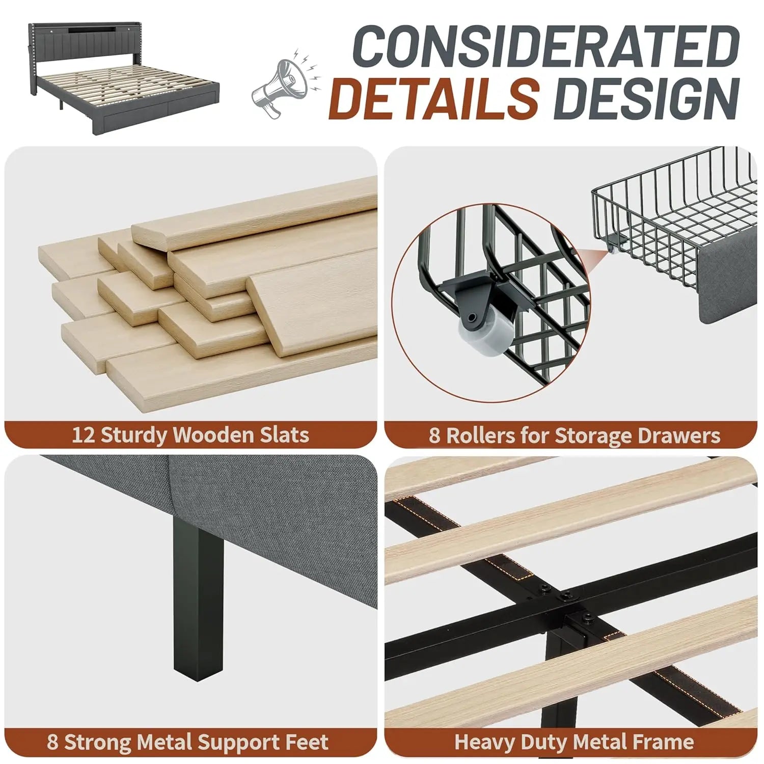 King Size Bed Frame with 4 Storage Drawers, USB Station