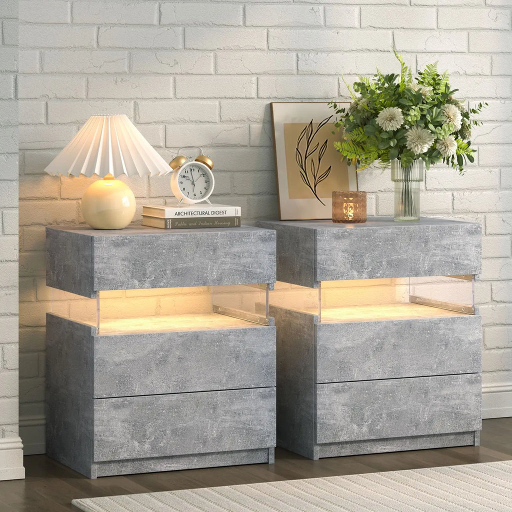 Bedside 2-Table Set with LED Lighting and 3 drawers