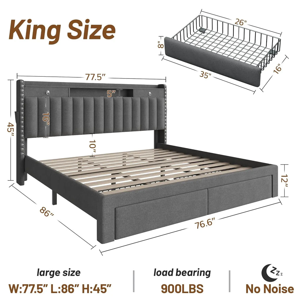 King Size Bed Frame with 4 Storage Drawers, USB Station