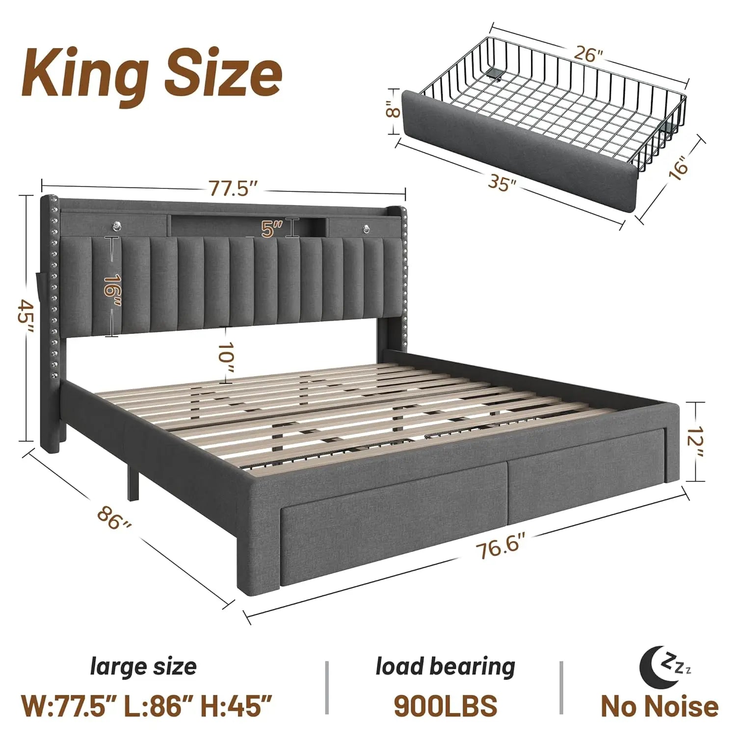 King Size Bed Frame with 4 Storage Drawers, USB Station