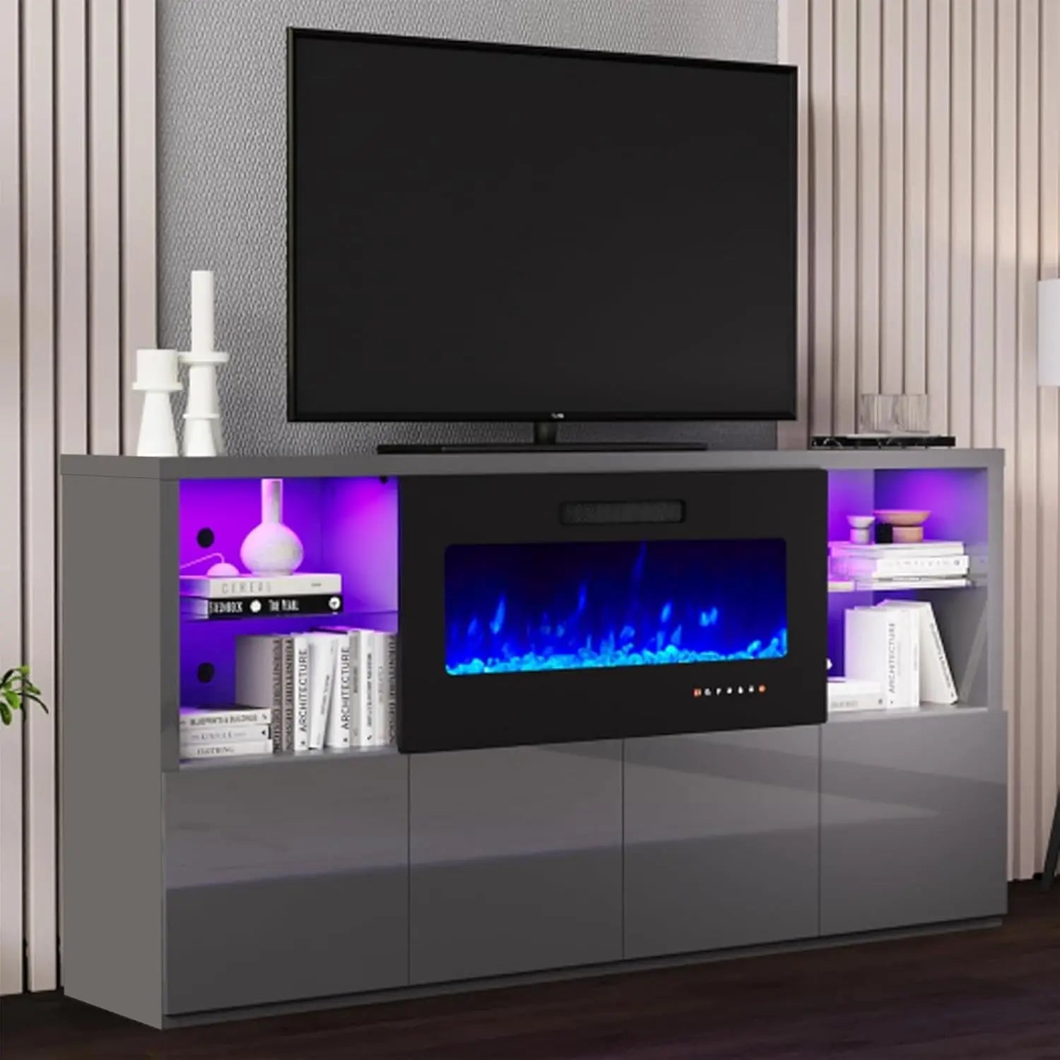 68" Fireplace TV Stand with 40" LED Insert, Glass Shelves