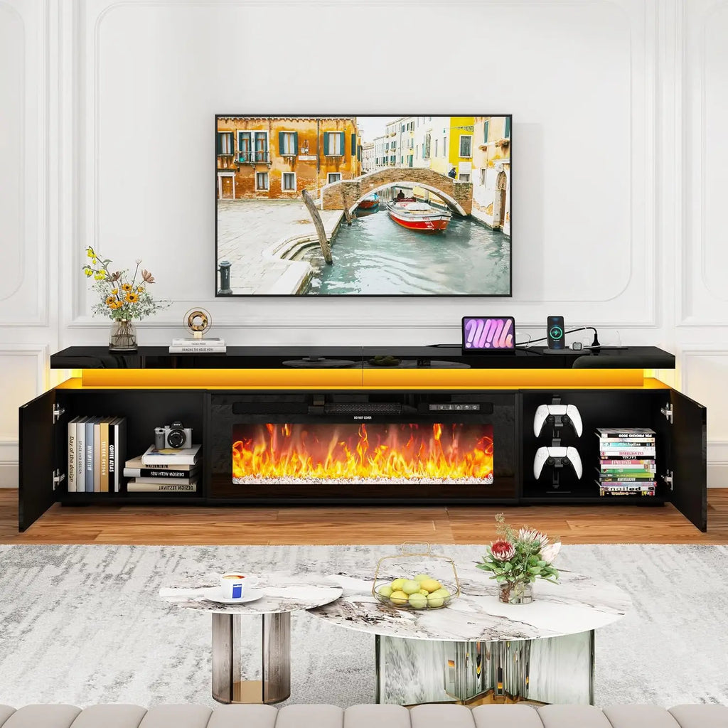 LED TV Stand with Electric Fireplace & Power Outlet