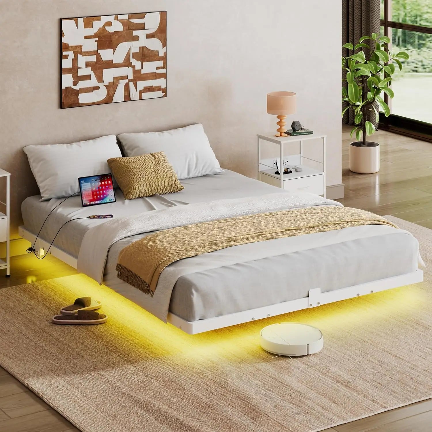 1500Lbs Heavy Duty Metal King Bed Frame with LED Light, Charging Station