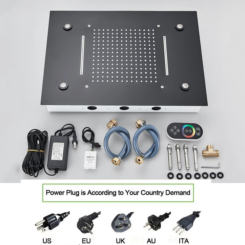 Black Rain Waterfall Shower Head Remote Control LED