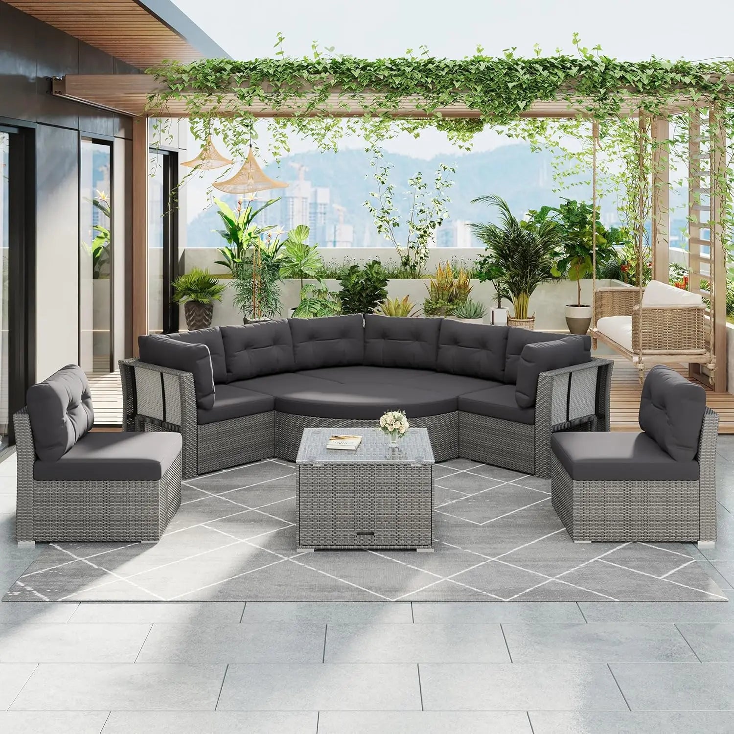 Wood Half-Moon Outdoor Sofa Set Coffee Table