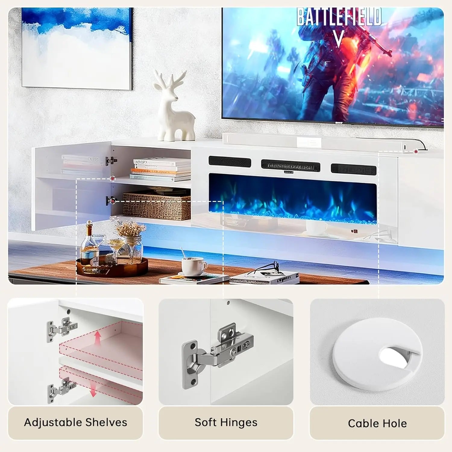 Floating TV Stand, Electric Fireplace, 12-Color LED