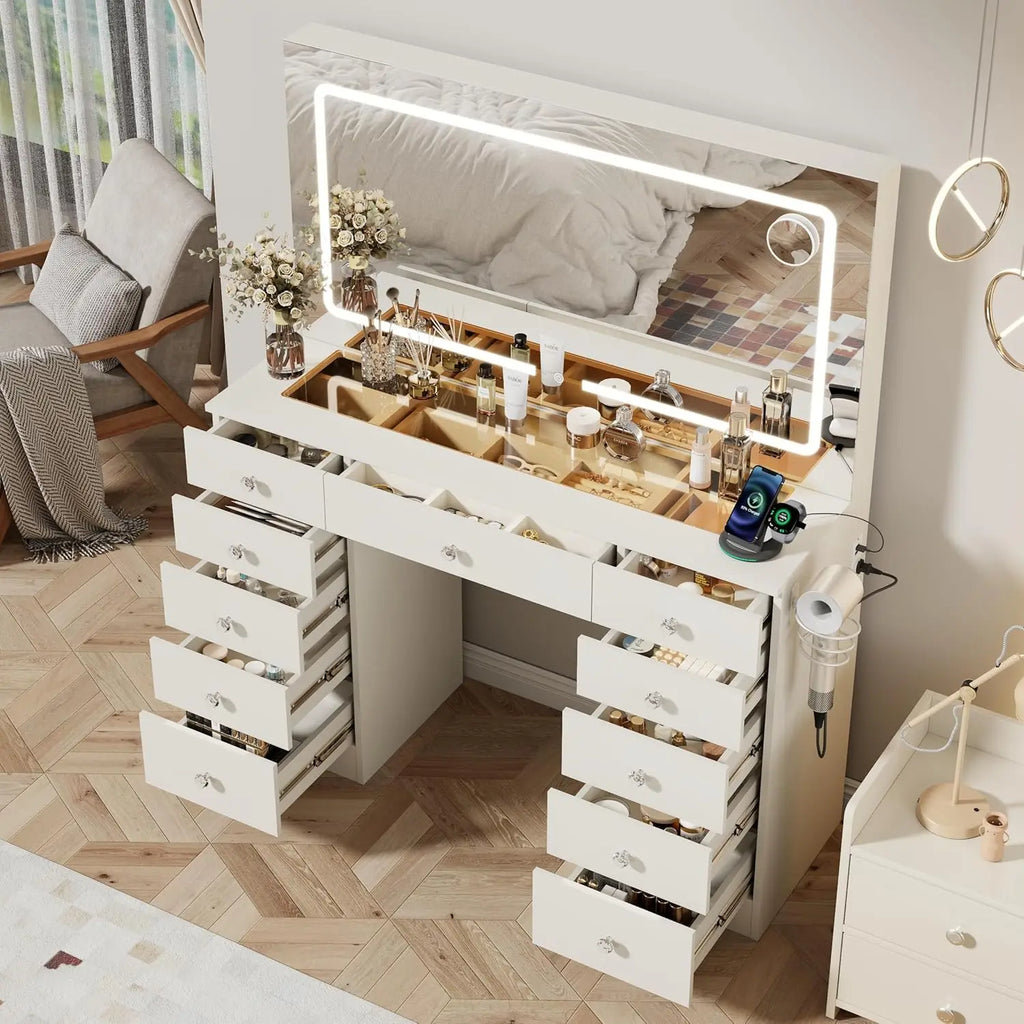 White Vanity Desk with Mirror & LED Lights