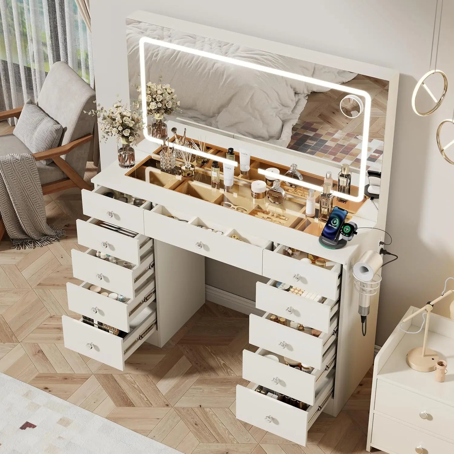 White Vanity Desk with Mirror & LED Lights