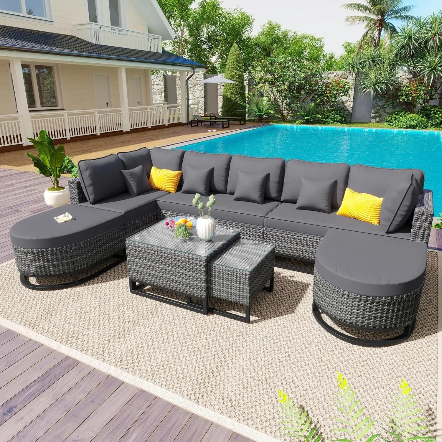Wood Half-Moon Outdoor Sofa Set Coffee Table