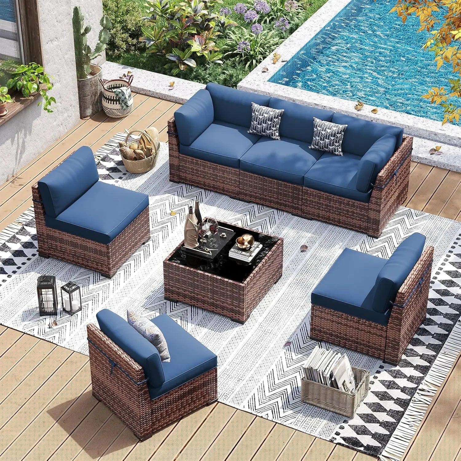 7 Pcs Wicker Sectional Sofa with Tea Table