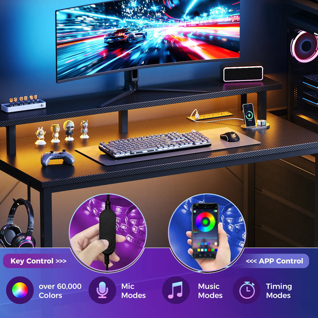 3-Drawer Gaming, Computer Desk LED Lights, Power Outlets