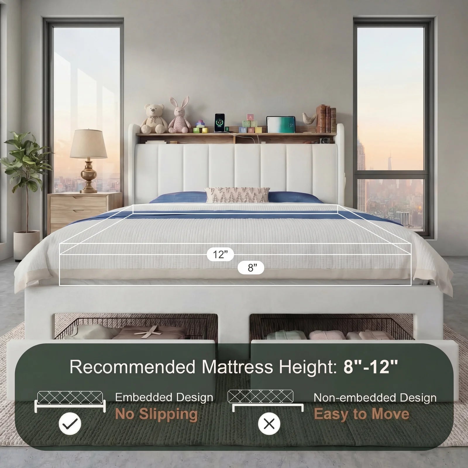 Bed Frame, 2 Drawers, 2 Shelves, LED Lights, Charging Station