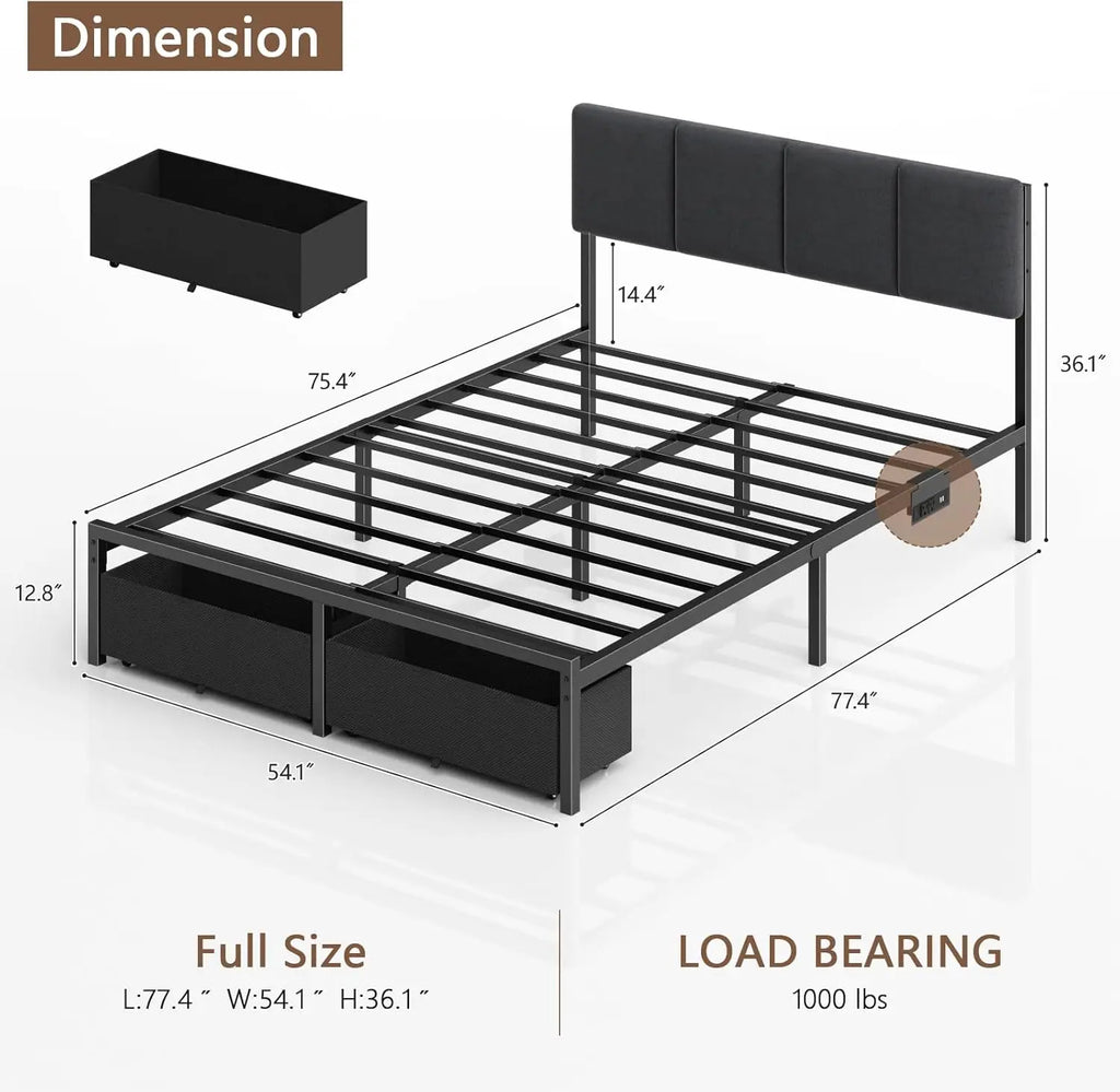 Full Size Bed Frame, Headboard, Upholstered, LED