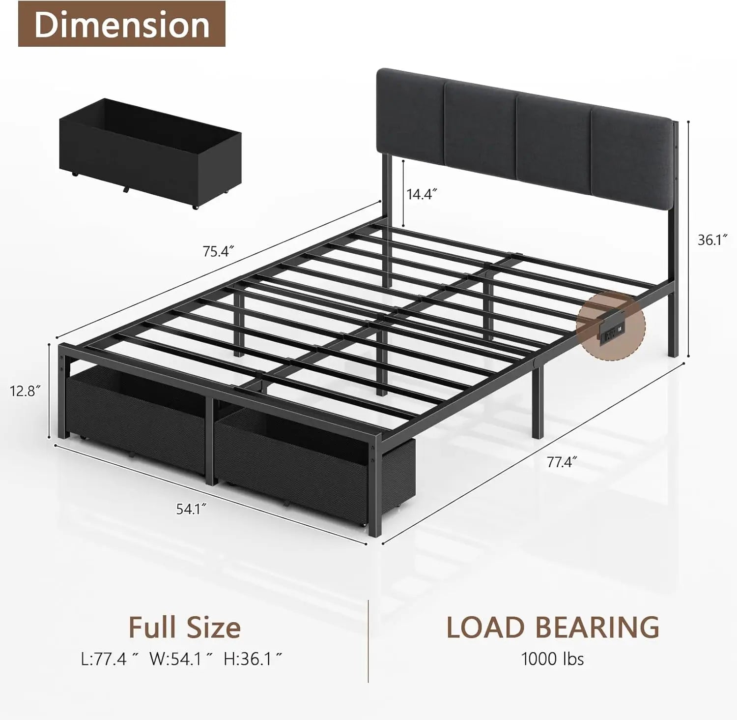 Full Size Bed Frame, Headboard, Upholstered, LED