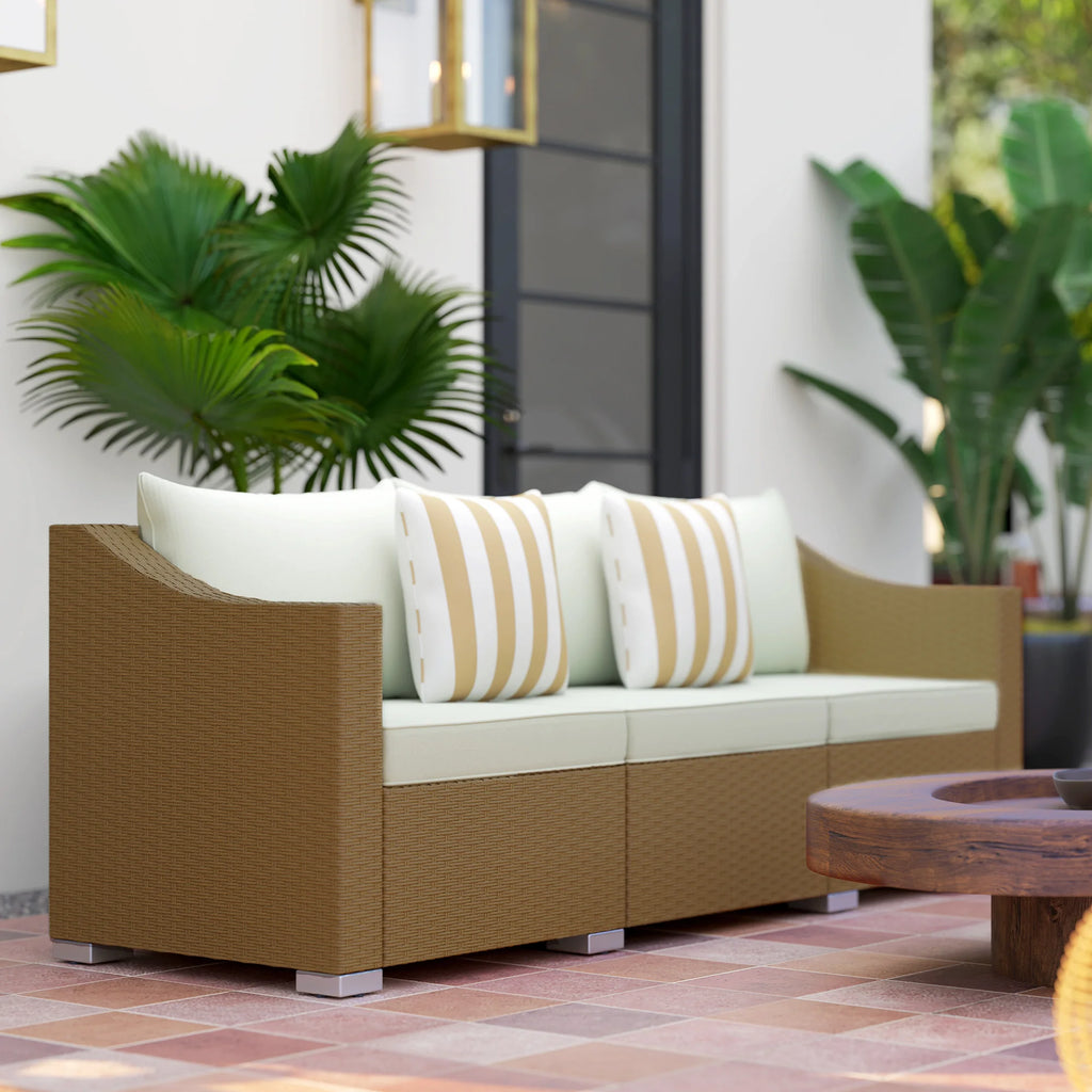 3 Seater Patio Wicker Sofa, Outdoor Furniture Rattan Couch with Cushions, Throw Pillows, for Garden, Backyard, Porch, Light Gray