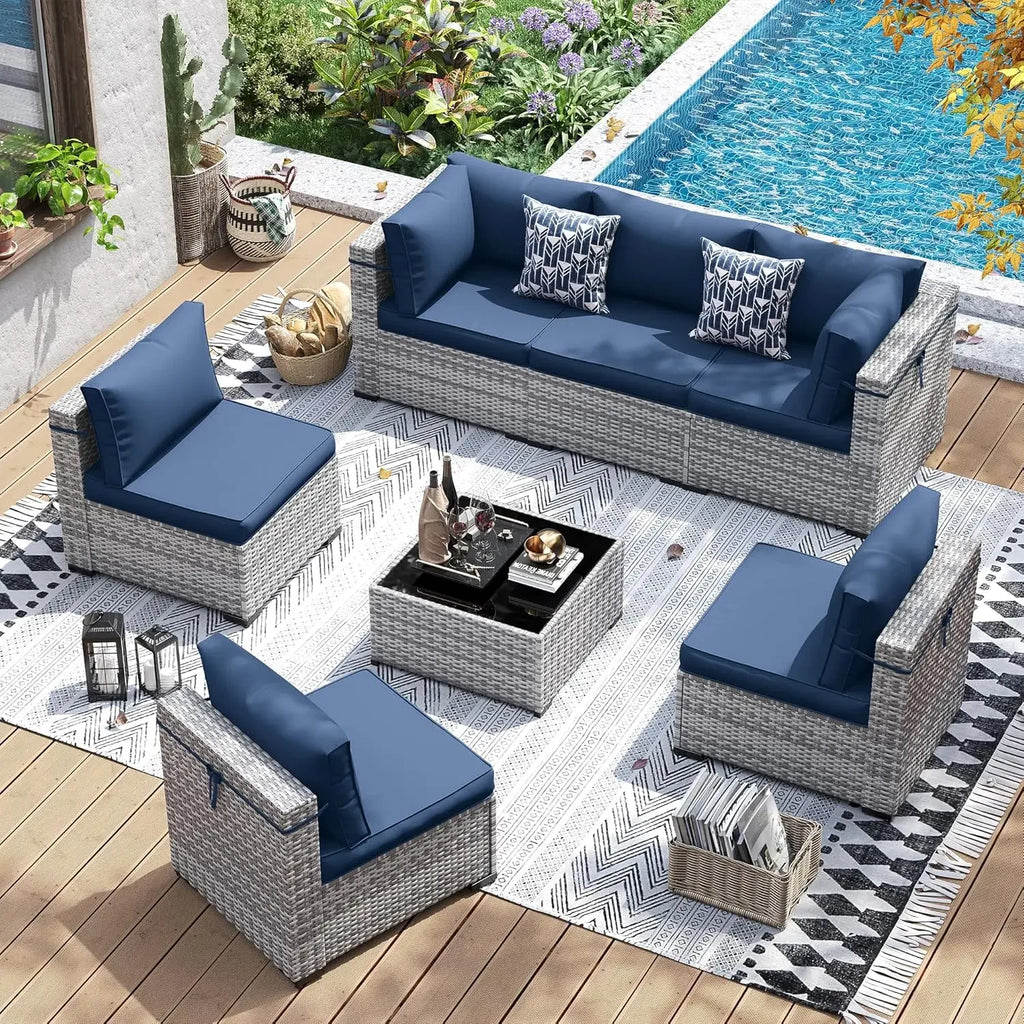 7 Pcs Wicker Sectional Sofa with Tea Table