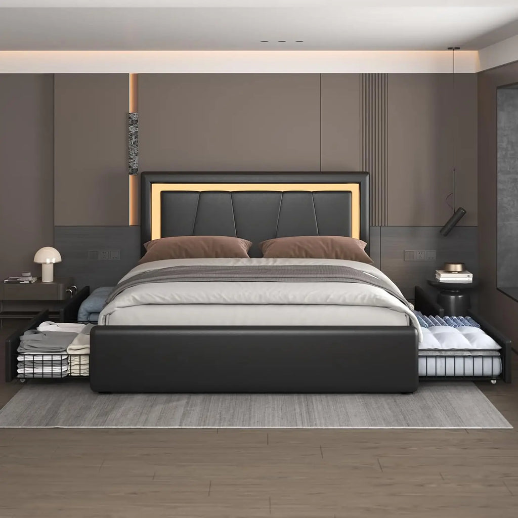 Bed Frame with 4 Drawers, Adjustable Headboard, LED, USB,