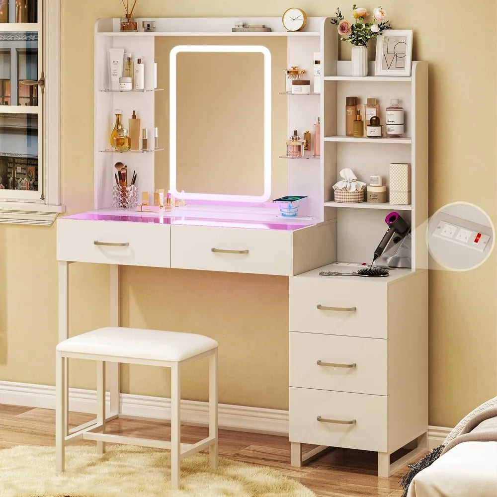 Vanity Desk with LED Mirror, Wireless Charging, 3 Color Lights, Power Outlet