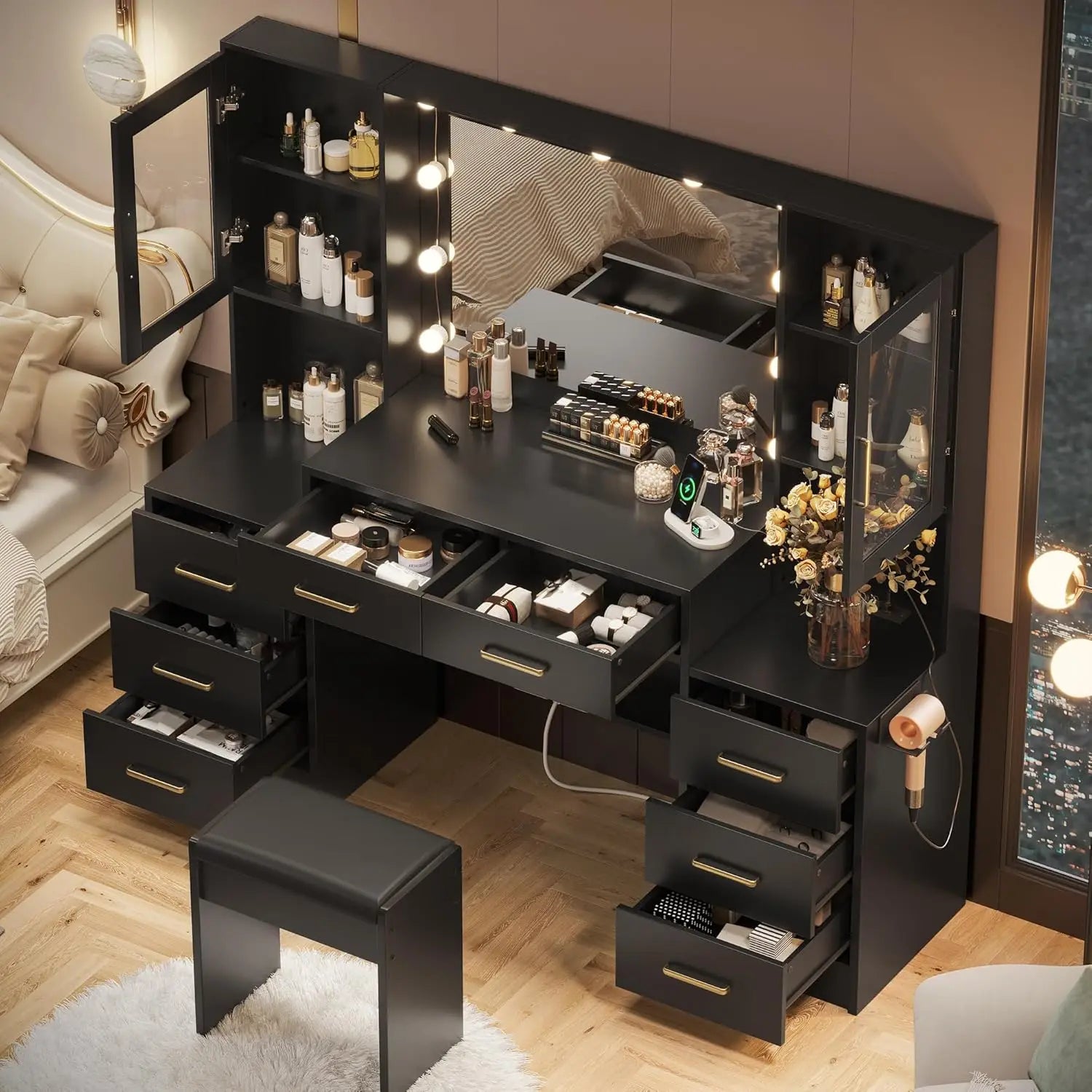 Black Vanity Desk with Mirror, Lights, Charging Station, 8 Drawers, 2 Cabinets