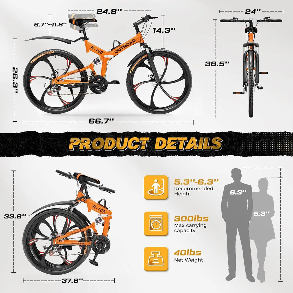 26" Folding Mountain Bike, 21 Speed