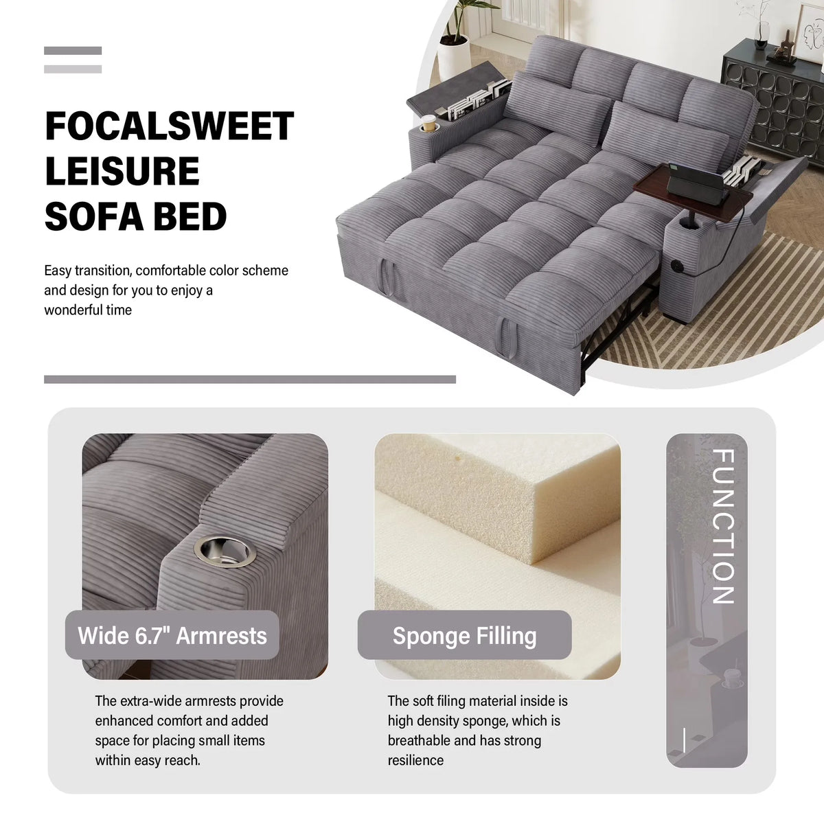 3-in-1 Folding Corduroy Convertible Sofa Bed
