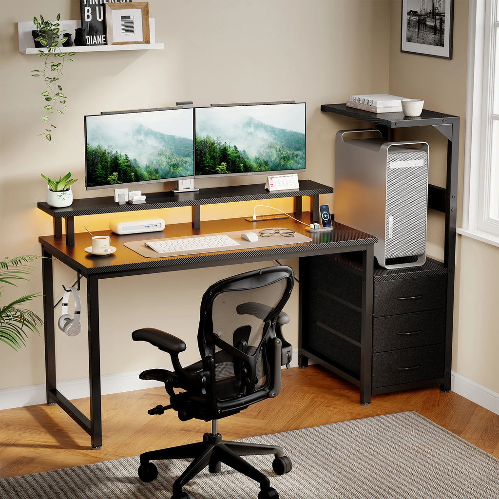 3-Drawer Gaming, Computer Desk LED Lights, Power Outlets