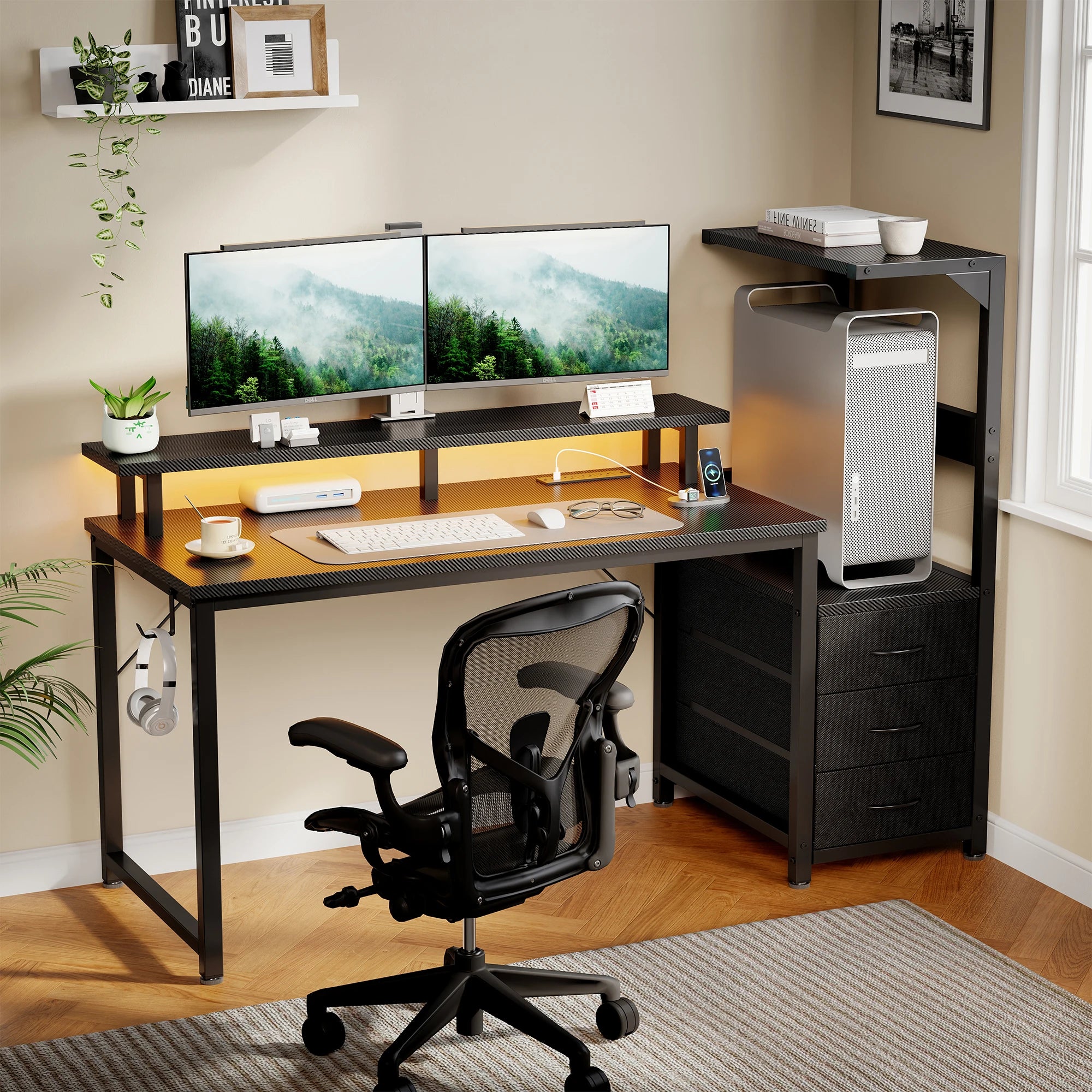 3-Drawer Gaming, Computer Desk LED Lights, Power Outlets