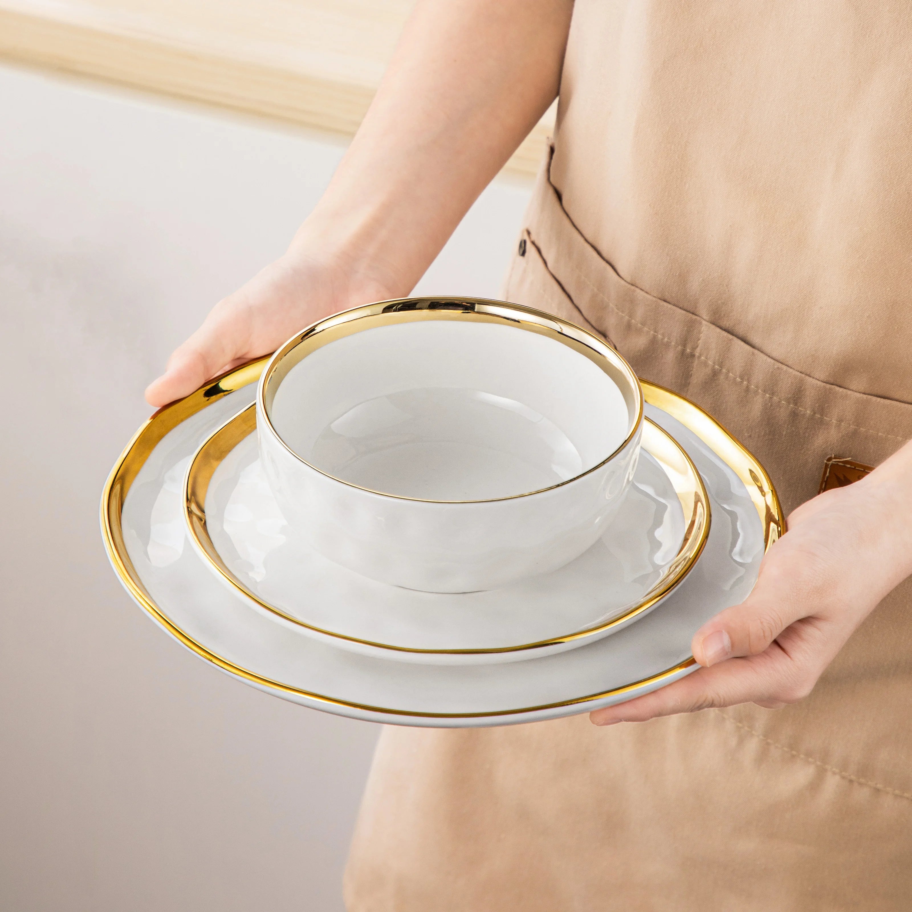 12/24 Pc. Porcelain White/Golden Rim dinnerware