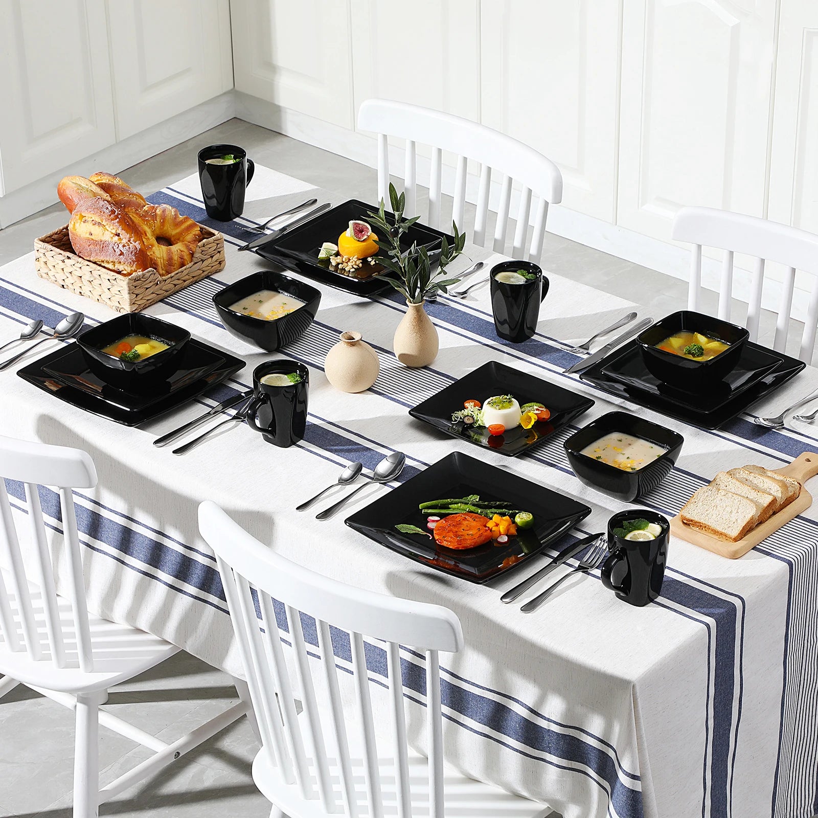 16/32/48-Pc. Black Porcelain Square Dinnerware Set