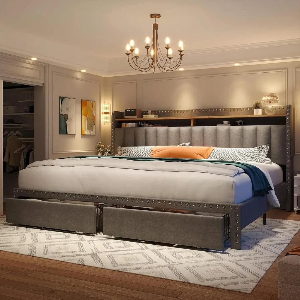 Upholstered King Bed Frame, 2 Storage Drawers and 2-Tier Headboard