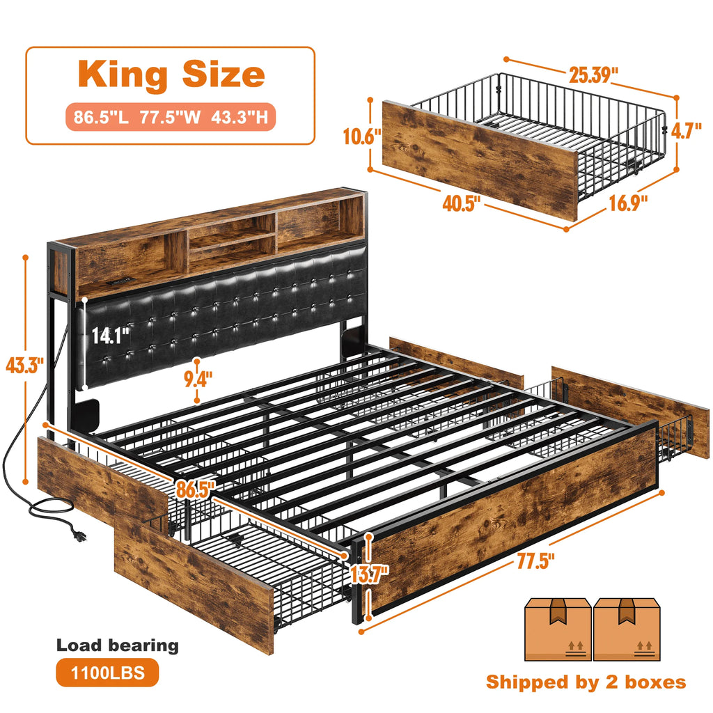 Full/Queen/King Bed Frame with Charging Station, 4 Storage Drawers